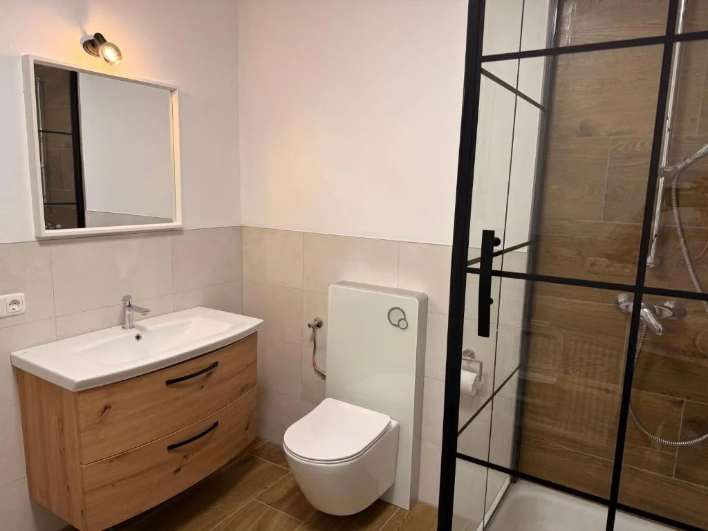 Badezimmer mit Waschtisch, WC und Glasdusche — Casa Daniela Residence