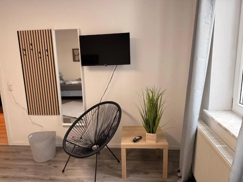 Sitzecke mit Korbsessel, Pflanze und TV — Casa Daniela Residence